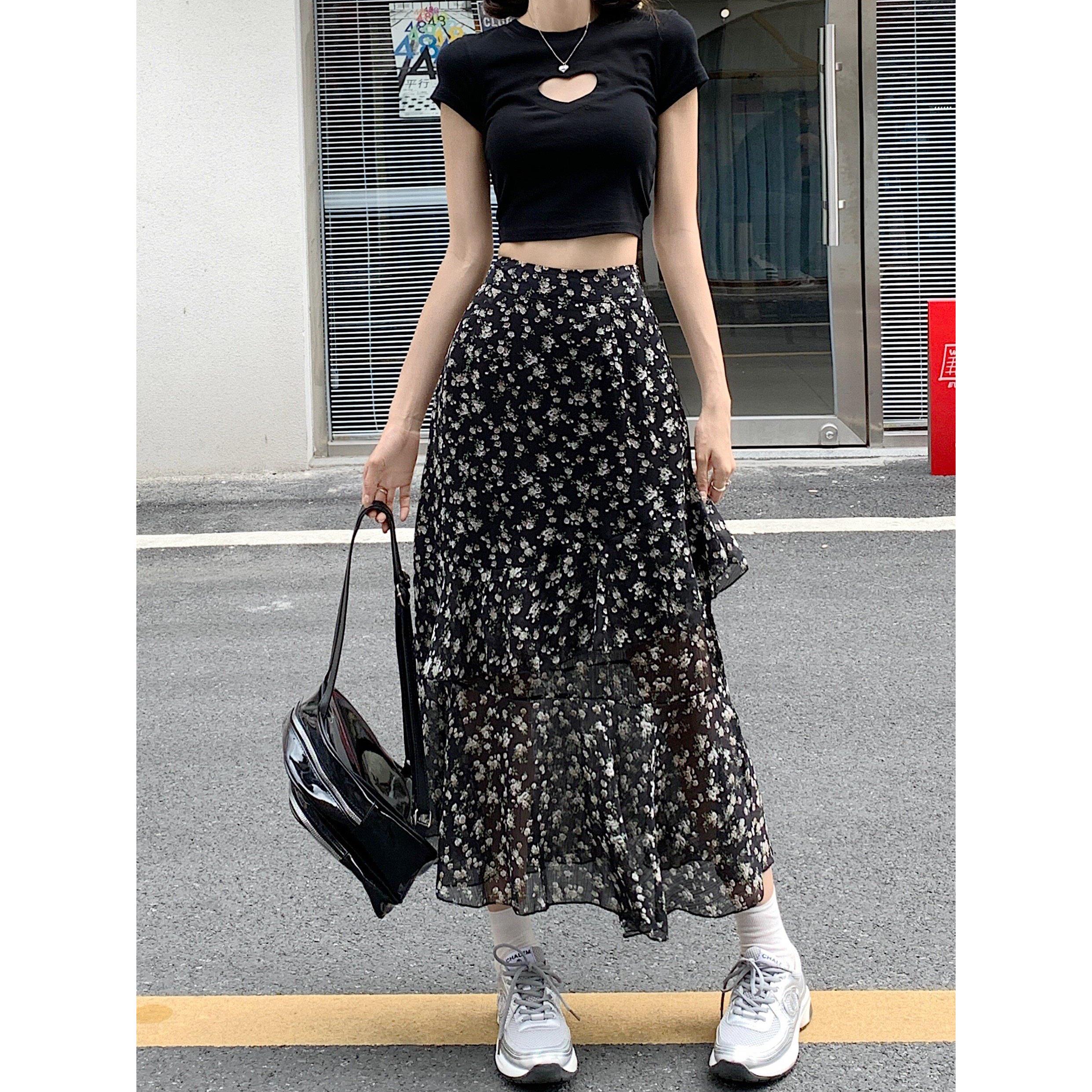 开叉遮胯中长裙高腰a字裙女装