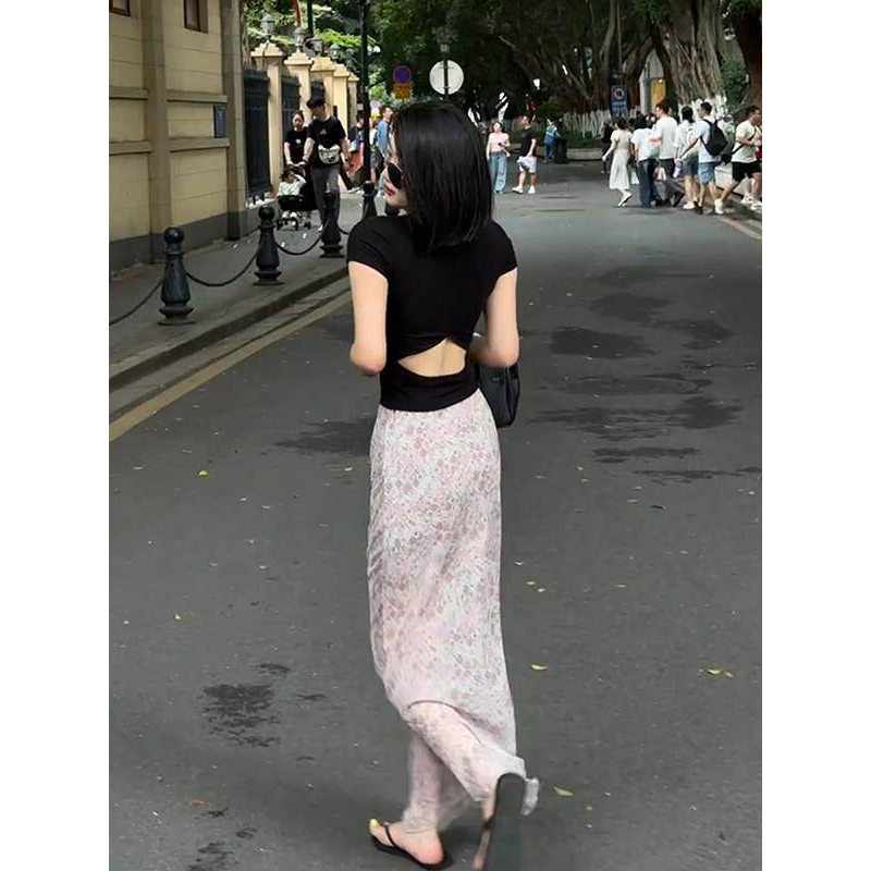 露背上衣碎花半身裙套装女夏