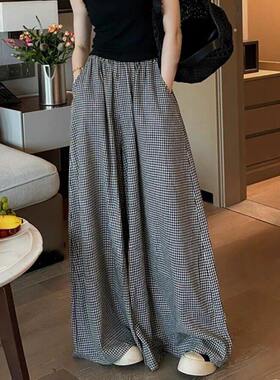 大码女装夏季棉麻格子宽松阔腿裤胖mm休闲遮肉裙裤高腰垂感长裤子