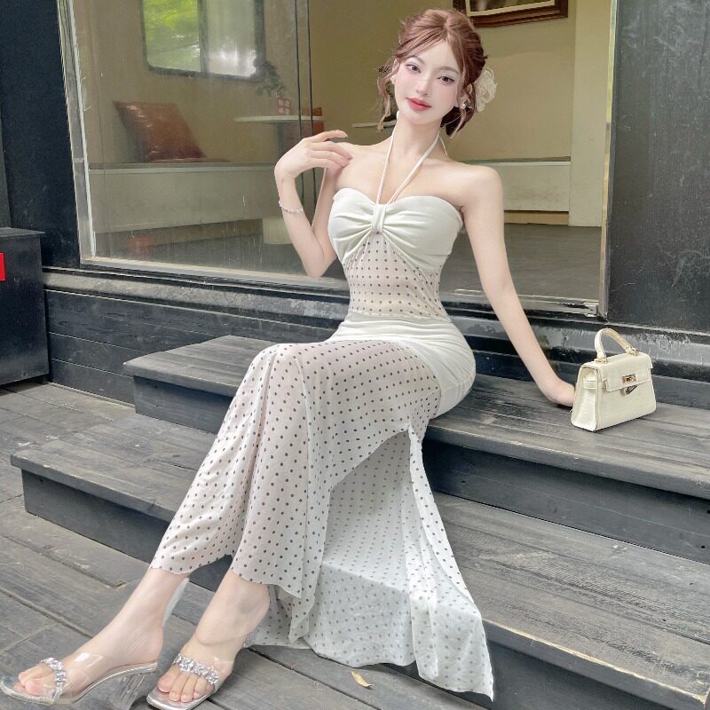 收腰网纱抹胸包臀长裙夏