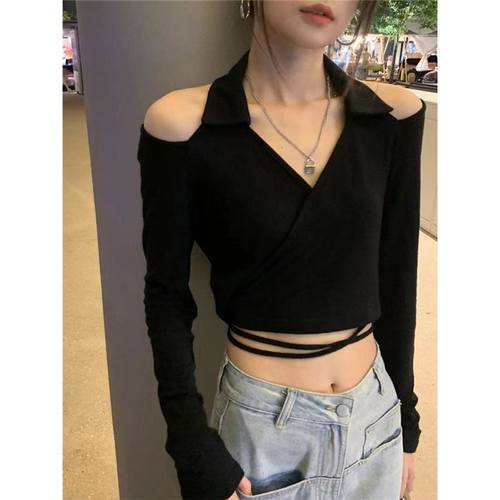 绑带开衫上衣v领挂脖针织打底衫