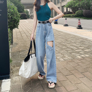 潮牌高端泫雅牛仔裤女高腰破洞浅色宽松垂感直筒阔腿老爹拖地裤子