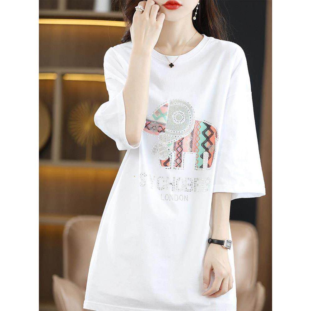 轻奢中长款大t恤女短袖遮屁股上衣宽松连衣裙夏季新款落肩袖显瘦