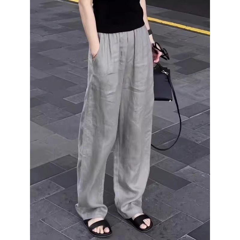 欧货灰色亚麻休闲裤女夏季新款大码梨形身材宽松显瘦拖地阔腿长裤