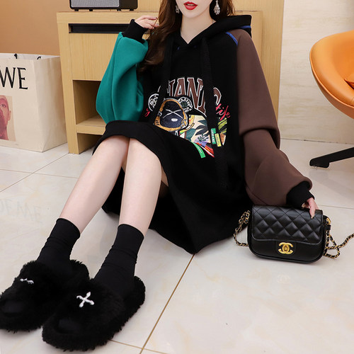 欧版大码外套加绒加厚连帽卫衣裙