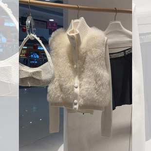 白色毛绒马甲女外穿冬时髦洋气轻奢高端巨好看针织拼接马夹厚外套