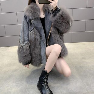 潮牌派克服女士冬季仿狐狸毛皮草外套牛仔拼接中长款高端时尚大衣