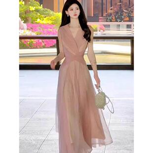 减龄轻奢气质长款到脚踝粉色雪纺裙夏季休闲通勤法式款无袖连衣裙