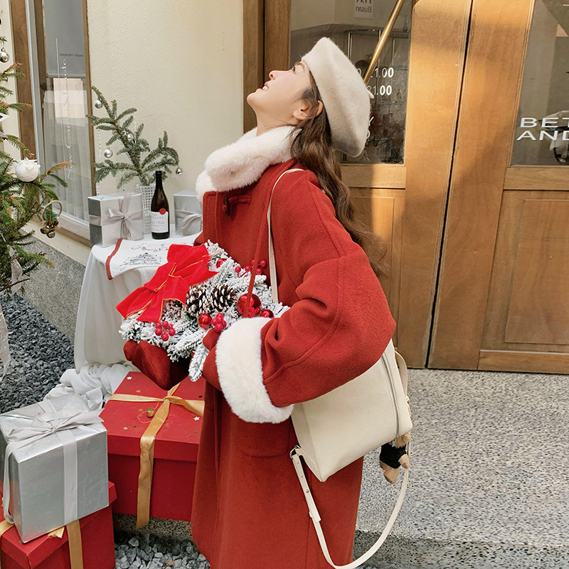 潮牌新年红色中长款兔毛呢大衣女