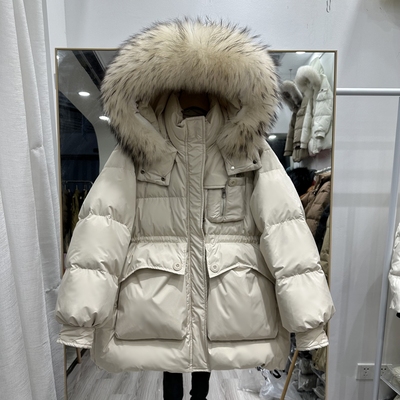 2025冬季羽绒服女中长款连帽收腰大毛领小个子加厚白鸭绒保暖外套