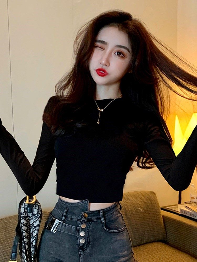 潮牌秋冬装黑色短款半高领打底衫女装长袖T恤紧身纯棉露脐上衣服
