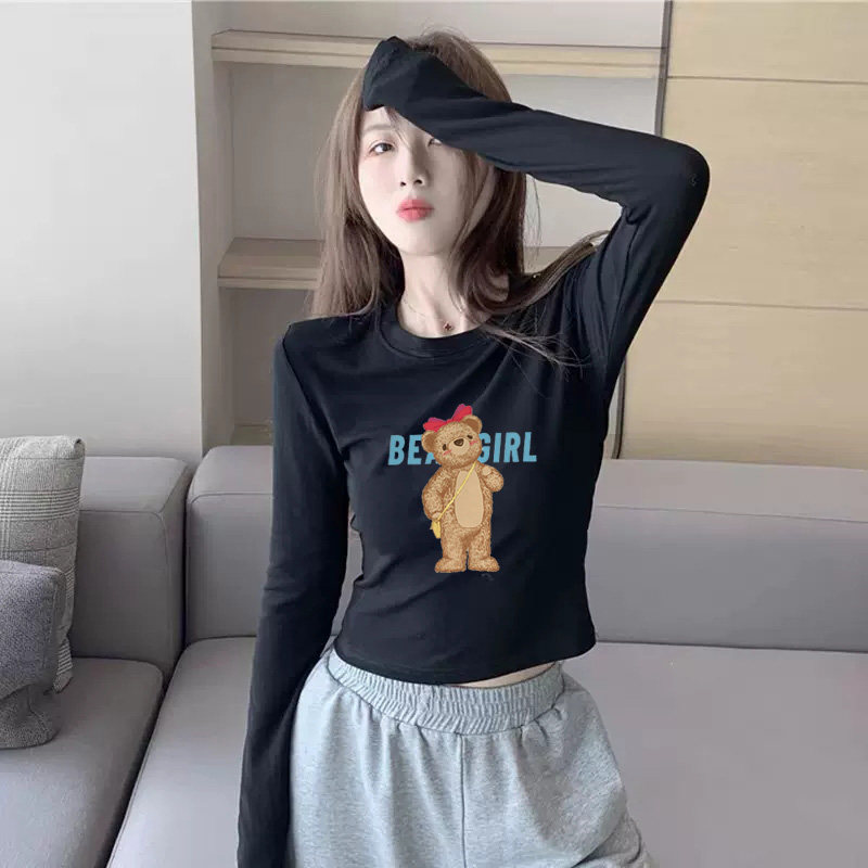 潮牌新款秋冬季修身显瘦圆领卡通印花短款纯棉打底衫女装长袖t恤