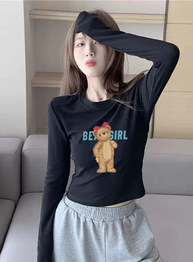 印花短款纯棉打底衫女装长袖t恤