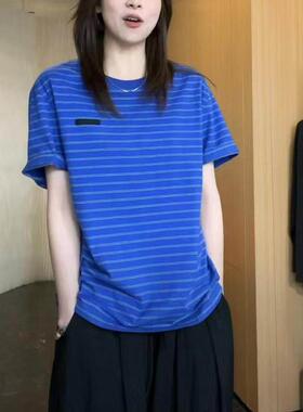 轻奢夏季新款韩版撞色蓝色条纹短袖T恤女宽松大码休闲打底衫上衣