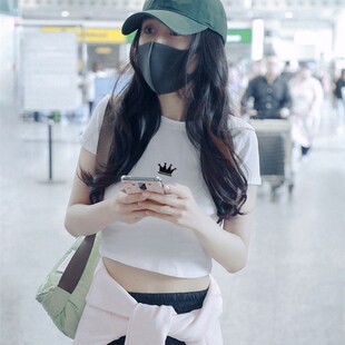 潮牌明星同款纯棉短袖女装显瘦t恤高腰短款刺绣露脐紧身圆领上衣