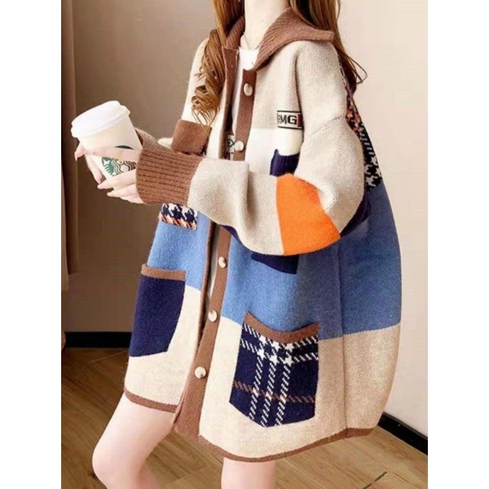 中长款拼色毛衣外套加厚冬上衣