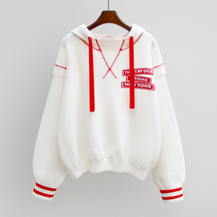 潮牌女款套头韩版宽松针织衫上衣外套秋冬季新款短款连帽毛衣卫衣