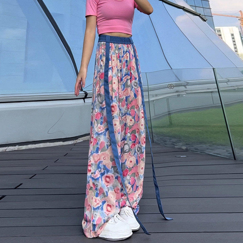 高级感碎花印花飘带冰丝阔腿休闲裤女夏季大码宽松直筒长裤沙滩裤