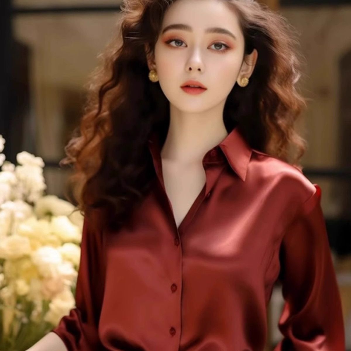 复古缎面红色衬衫上衣女早秋