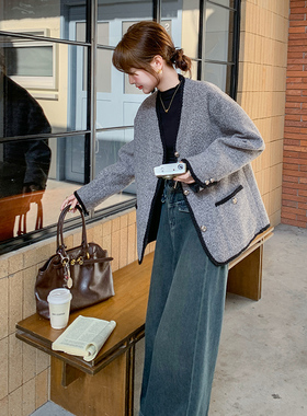 女秋冬韩版高端时髦拼接毛呢上衣