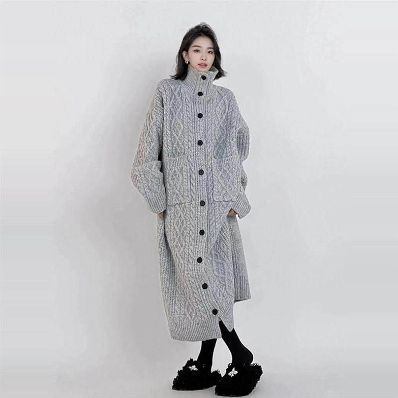 长款开衫大衣灰色慵懒大毛衣裙女秋冬过膝高领大码针织连衣裙加厚
