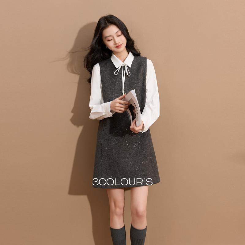 2025秋冬季新款圆领背心小A裙连衣裙短裙叠穿无袖微闪优雅女S