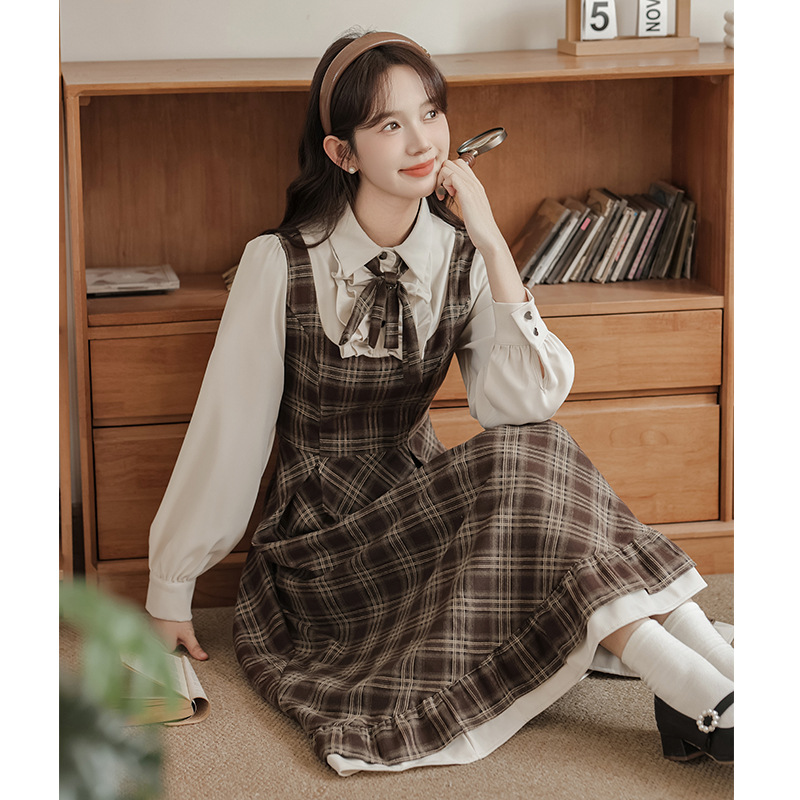 法式文艺复古假两件格纹连衣裙女