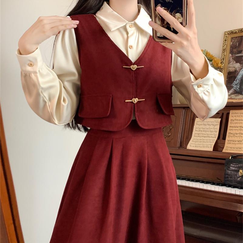 学院风灯芯绒红色洋装秋冬大尺码女装2025年春夏季假两件裙子套装