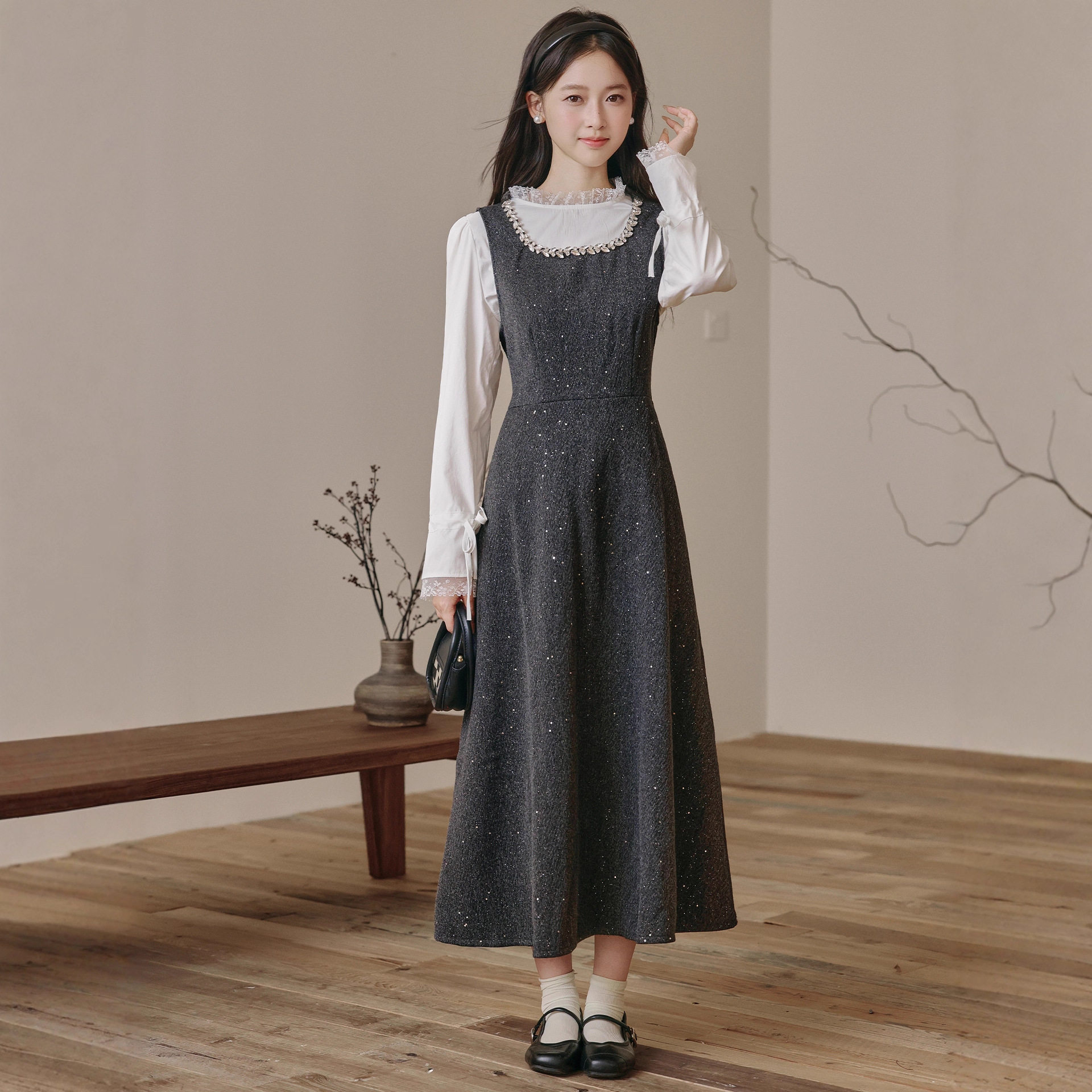 秋冬法式名媛气质套装裙高端蕾丝拼接衬衣收腰显瘦背心裙两件套