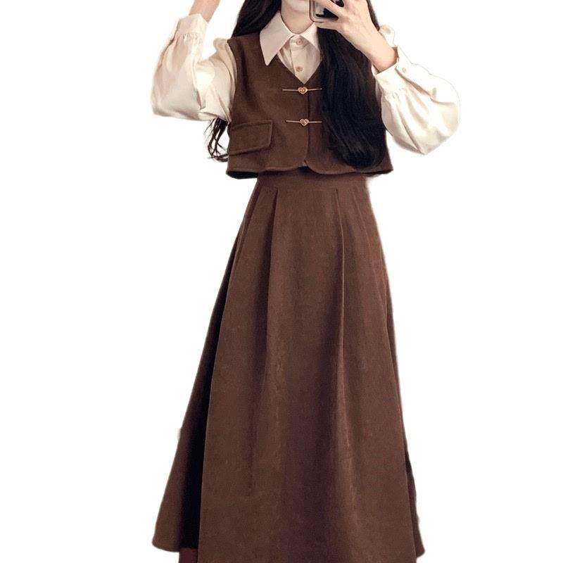 马甲法式长袖连衣裙女夏大码学院风学生礼服春季新款红色套装裙子