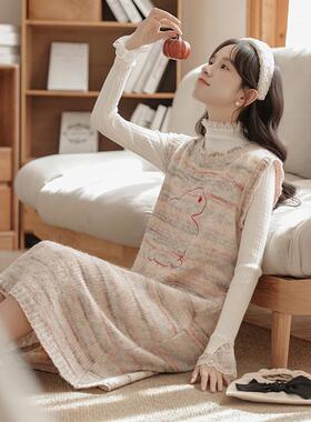 森女甜美部落秋冬条纹针织连衣裙女甜美学院风小个子背心裙两件套