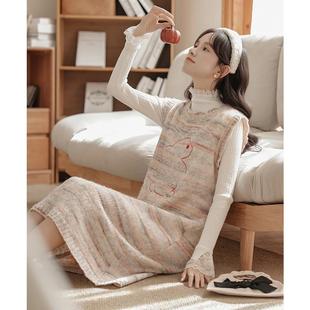 森女甜美部落秋冬条纹针织连衣裙女甜美学院风小个子背心裙两件套