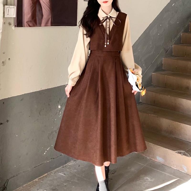 学院风翻领衬衣拼接假两件裙子女春秋冬大码收腰显瘦灯芯绒连衣裙