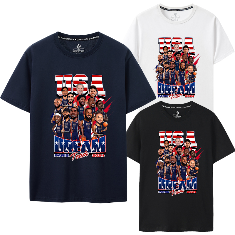 2024夏季年美国梦之队夺冠金牌短袖T恤詹姆斯杜兰特库里男篮同款