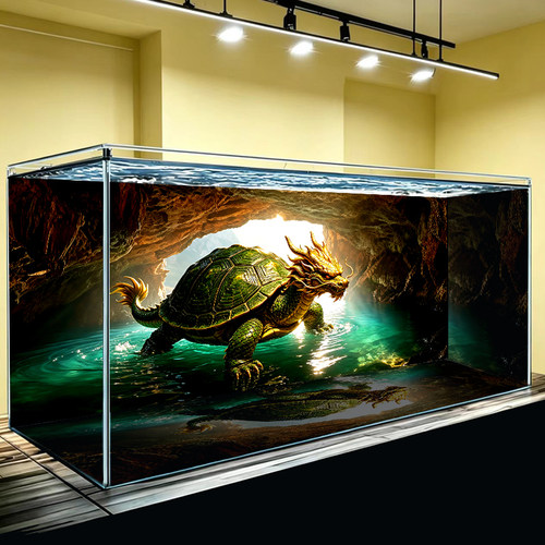 新款龙龟动物鱼缸背景画贴纸立体高清粘贴壁纸水族箱装饰造景贴纸