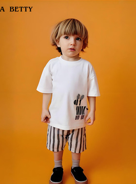 跨境夏季男童短袖套装时尚印花儿童圆领t恤2件套针织儿童短裤套装