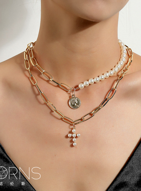 欧式不对称十字架金币拼接项链