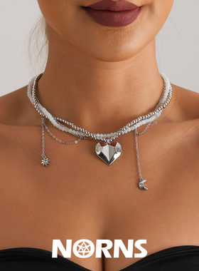 Norns欧美未来赛博轻奢时尚月亮芒星流苏锁骨链玻璃米珠串珠项链