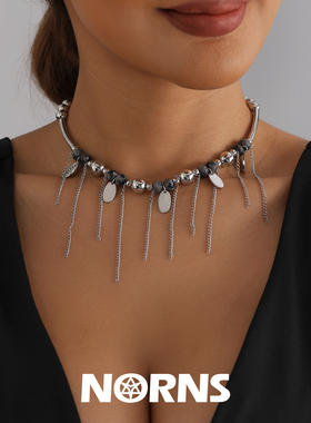 Norns欧美复古暗黑风黑晶石项链冷淡风链条流苏锁骨链女式项饰