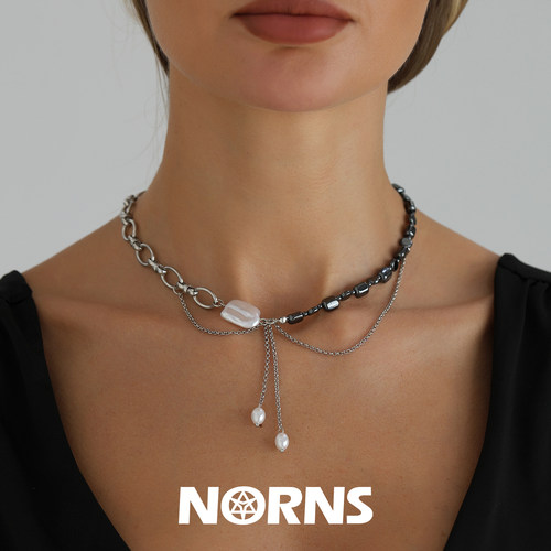 Norns甜酷左右不对称黑胆石拼接项链异型巴洛克珍珠流苏锁骨链