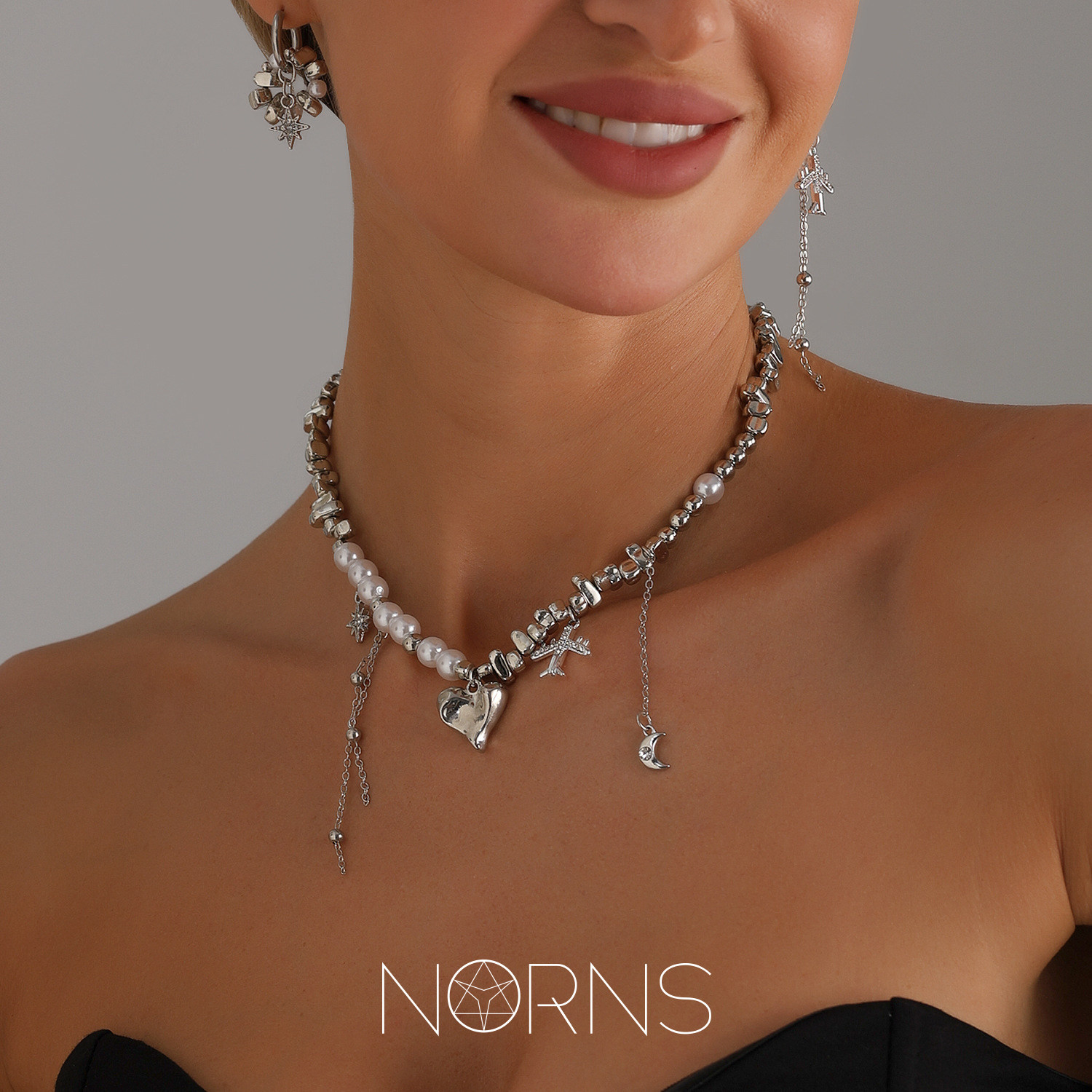 Norns欧美异型流苏爱心项链飞机芒星月亮元素吊坠轻奢金属感项饰