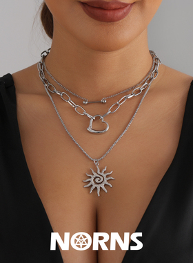 Norns欧美冷淡风太阳花爱心项链男女个性创意三层金属链条项链