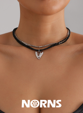 Norns欧美简约暗黑少女系爱心项链时尚双层辣妹黑色水晶necklace