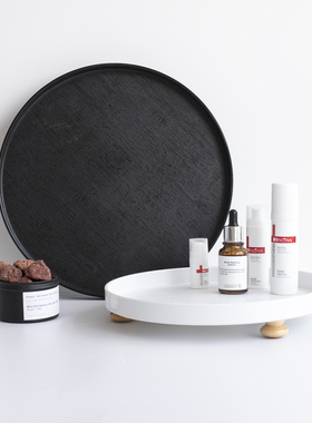 北欧Wooden leg圆形托盘家用水杯黑色收纳盘香薰桌面置物盘水果盘