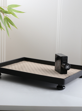 【陌上】手工Handmade木脚托盘长方形家用水杯皮质收纳盘香水茶盘