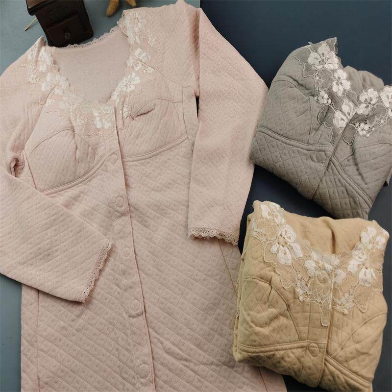 M~4L日本对襟夹棉棉质秋冬免穿文胸保暖家居服上衣月子服喂奶衣