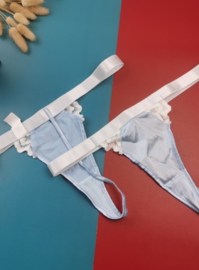 S-XL外贸欧美大码女士色丁锻面丁字裤性感蕾丝边无痕浅蓝细T内裤