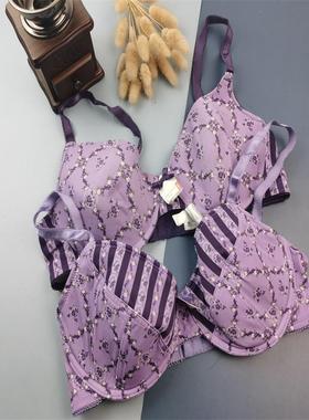 80CD85BC大码大罩杯胸罩碎花薄海棉文胸有钢圈清新紫色外贸内衣