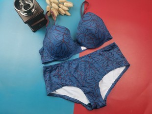 85C外贸光面薄海绵垫三角文胸套装 墨绿色印花冰丝牛奶丝内衣 夏季