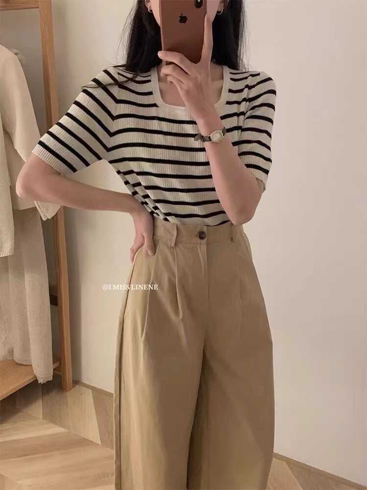 【粉丝专享】韩系条纹方领针织衫女夏季简约百搭短袖冰麻t恤上衣